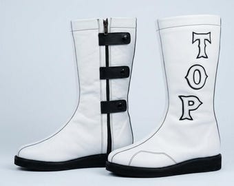 Custom White Leather Wrestling Boots with Zipper & Straps, Pro Wrestling Shoes, Handcrafted Ring Wear Boxing Boot, TOPCI International Gear