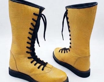 Custom Iconic Yellow Crocodile Textured Leather Wrestling Boots, Elite Combat Sports Footwear, Handmade High-Top Athletic Boots