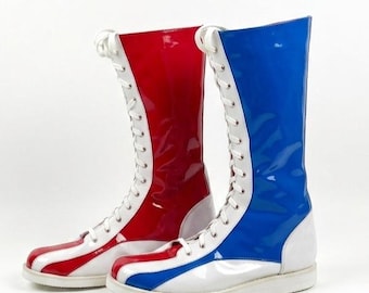 Rot Weiß Blau Lackleder Wrestling Boots - Pro Ring Kampfschuhe