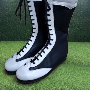 Handmade Leather Wrestling Boots, Black White Custom Ring Gear, High-Top Athletic Shoes