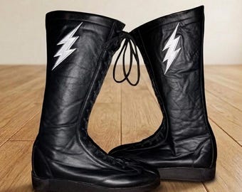 Custom Genuine Leather Wrestling Boots by TOPCI International – Professional High-Top Boxing Shoes with Silver Lightning Bolt Logo