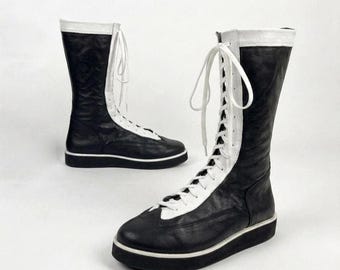 TOPCI International Custom Leather Wrestling Boots , High-Top Athletic Training Footwear, Black and White Genuine Leather Combat Boots