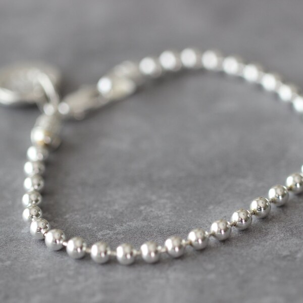 Sterling Silver Beaded Chain Bracelet, Bead Bracelet, Charm Bracelet, Layering Bracelet, Botanical Charm, Leaf Charm