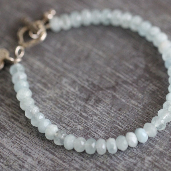 Aquamarine Bracelet, Layering Bracelet, Aquamarine, Gemstone Bracelet, Sterling Silver, Heart Charm, Thai Silver, Charm Bracelet