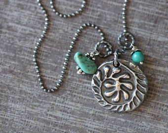 Sterling Silver Charm Necklace, Botanical, Fern Charm, Disc, Leaves, Beaded Chain, Turquoise, 16 inch, Patina, PMC Jewelry, Charm Necklace
