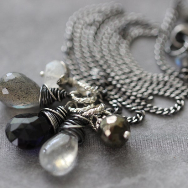 Gemstone Cluster Necklace, Multi Gemstone, Wire Wrapped, Gemstone Necklace, Labradorite, Iolite, Moonstone, Pyrite, Sterling Silver, 17 inch