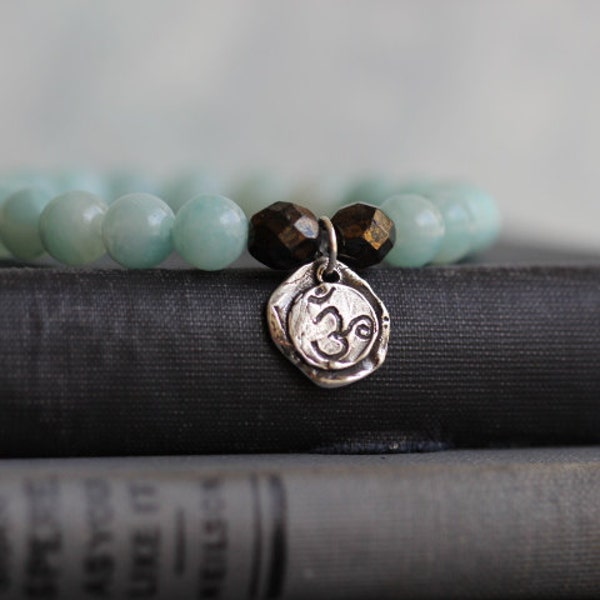 Amazonite Stretch Bracelet // Sterling Silver OM Charm // Stacking Bracelet