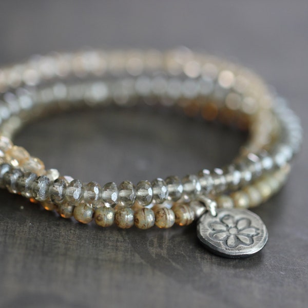 Czech Glass Bracelet, Stacking Bracelet, Stretch, Beaded, Dainty, 3 Strand Set, Champagne, Grey, Ecru, Sterling Silver, flower Charm