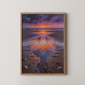Low Tide Beach Reflection Art Print | Calm Coastal Sunset Wall Decor | Printable Ocean Art