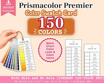 Könnte beinhalten: Ein Prismacolor Premier 150 Farbmusterkarten-Set mit einem fächerartigen Deck mit Farbnamen und Codes sowie leeren Diagrammen. Der Text enthält 'Prismacolor Premier', '150 COLORS', 'Blank Chart Color code & Color name' und 'A4 21 x 29.7 cm'.