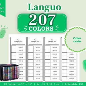 May include: A printable color chart for Languo 207 markers featuring a grid of alphanumeric codes and a black carrying case filled with markers. The document includes US Letter 8.5 inch by 11 inch and A4 21 cm by 29.7 cm sizing information.