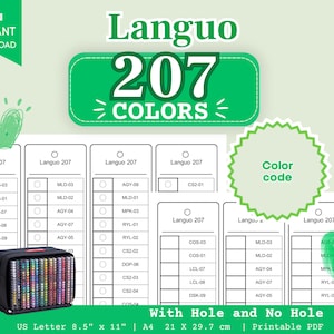 Pode incluir: Uma tabela de cores em PDF imprimível para marcadores Languo 207, com um layout de grade com códigos de cores, marcadores circulares e um estojo preto cheio de canetas multicoloridas. O documento inclui dimensões A4 de 21 cm por 29,7 cm.