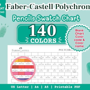 Peut inclure: Un nuancier numérique pour crayons Faber-Castell Polychromos présentant 140 couleurs. Le PDF imprimable comprend une grille vierge avec codes et noms de couleurs, un aperçu circulaire agrandi des nuances et le format US Letter, A4 et A5.