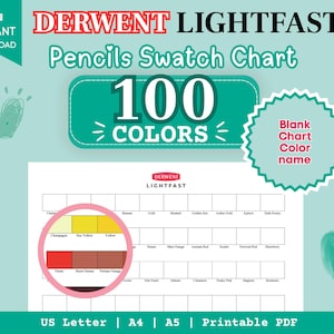 Op de afbeelding: Een printbare kleurkaart voor Derwent Lightfast potloden met 100 kleuren. Het document bevat een raster met kleurnamen, een cirkelvormig uitvergroot gedeelte met kleurstalen en tekst die de formaten US Letter, A4 en A5 aangeeft.