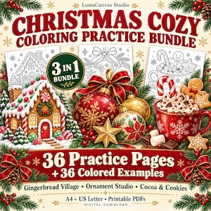 Christmas Coloring Practice Bundle, 36 Printable Worksheets, Gingerbread Houses, Ornaments, Cocoa & Cookies, PDF + Colored Examples