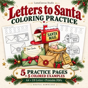 Dibujos para colorear de cartas a Papá Noel: 5 hojas de trabajo navideñas imprimibles con ejemplos a color (PDF)