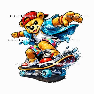 May include: A cartoon illustration of a skateboarding bear. The bear is wearing a red cap, blue jacket, and colorful shorts. The skateboard has blue wheels and a brown deck. Water splashes around the skateboard.