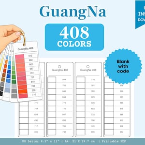 Può includere: Un set di cartelle colori GuangNa 408 con un mazzetta di campioni a ventaglio con blocchi di colore numerati e fogli stampabili con spazi vuoti per i codici colore. Il documento include etichette GuangNa 408 e il formato A4 21 cm per 29,7 cm.