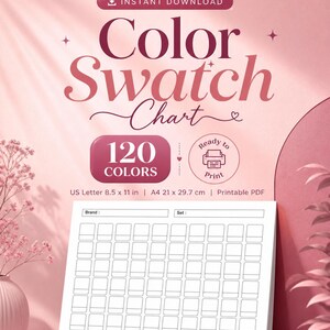 Puede incluir: Un gráfico de muestras de color imprimible con el texto "Color Swatch Chart" y "120 Colors". El gráfico es de tamaño A4, 21 x 29,7 cm, e incluye secciones para información de marca y conjunto. El diseño es en tonos rosas.