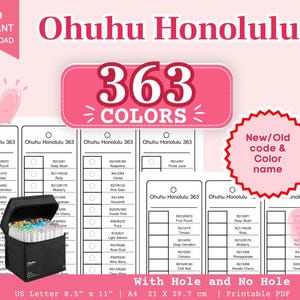 Könnte beinhalten: Eine digitale, druckbare PDF-Tabelle für Ohuhu Honolulu 363 Marker mit Farbnamen und Codes. Das Dokument enthält Layouts mit und ohne Löcher, formatiert für 21 cm x 29,7 cm A4-Papier, und zeigt eine schwarze Aufbewahrungstasche für Marker.