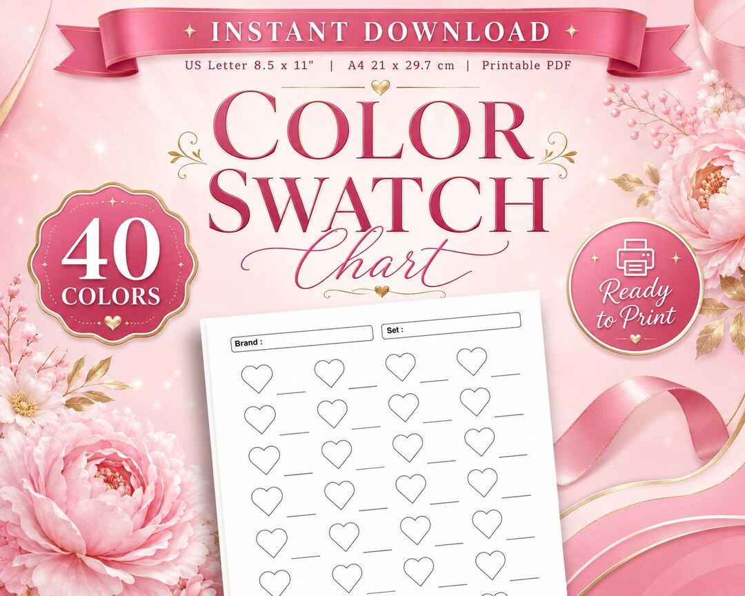 Heart Color Swatch Chart Printable PDF, 40 Colors Marker Colored Pencil ...