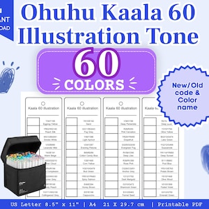 Tabla de colores de 60 ilustraciones de Ohuhu Kaala en PDF / Códigos de color nuevos y antiguos con nombres de colores / Guía de referencia imprimible en formato A4 y Carta estadounidense