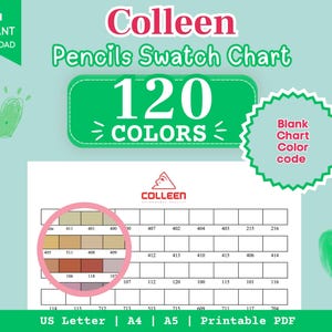 Op de afbeelding: Een Colleen potlodenkleurenkaart met 120 kleuren, beschikbaar als printbaar PDF in US Letter, A4 en A5 formaat. De kaart bevat een leeg raster voor kleurcodes, een merklogo en een cirkelvormige uitvergroting van specifieke kleurvakjes.