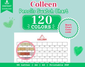 Peut inclure: Un nuancier pour crayons Colleen avec 120 couleurs, disponible en format PDF imprimable A4, A5 et US Letter. Le document présente une grille vierge pour les codes couleur, le logo de la marque et une vue circulaire agrandie des teintes.