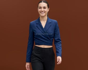 Women’s Handmade Navy Blue Cropped Wrap Blazer – Tailored Suiting Fabric Jacket with Tie Back Detail