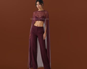 Women’s Handmade Burgundy Chiffon Silk Cape – Sheer Floor Length Draped Overlay for Elegant Layering