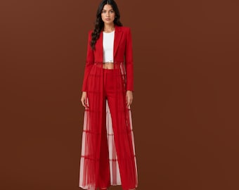 Blazer rouge fait main pour femme - Veste de costume élégante en tissu avec empiècement en filet transparent