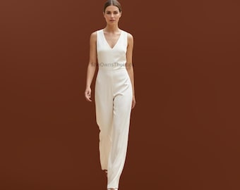 Women’s Handmade Ivory Open-Back Jumpsuit – Elegant Sleeveless Wide Leg Minimalist Satin Romper for Bridal & Evening Wear