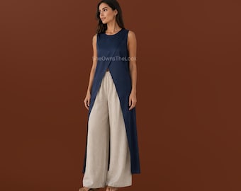 Tunica lunga da donna in seta blu navy, senza maniche, realizzata a mano – Blusa moderna asimmetrica con spacco frontale / Elegante camicia lunga in seta