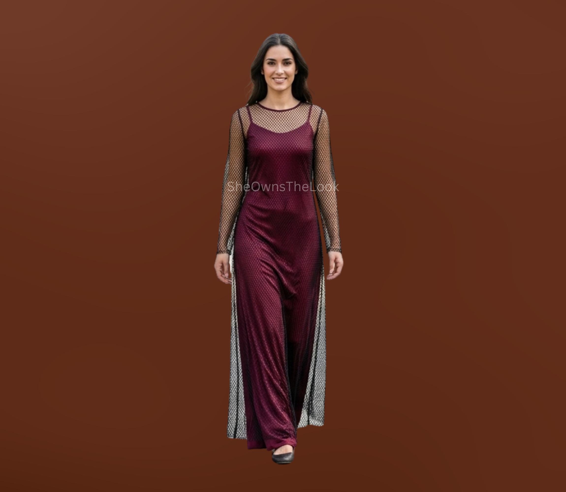 Burgundy Dress With Black Overlay - Etsy