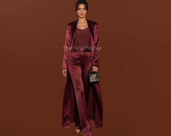 Women’s Handmade Burgundy Silk Long Coat & Wide Leg Pants Set – Elegant Satin Drape Suit for Evening Wear