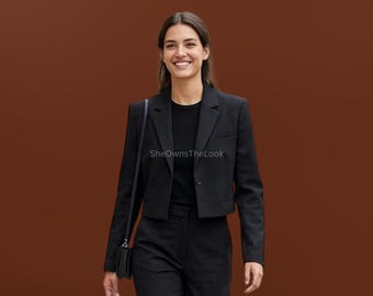 Blazer corto nero da donna fatto a mano – Elegante giacca sartoriale da donna