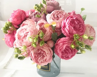 30cm Rose Pink Silk Peony Artificial Flower Bouquet, 5 Large Heads 4 Buds Faux Flowers for Home Wedding Indoor Decoration