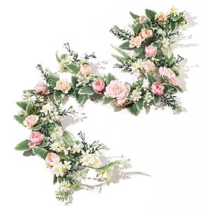 Può includere: Ghirlanda floreale con rose rosa e pesca, piccoli fiori bianchi e foglie verdi con bordi bianchi. La composizione è ambientata su uno sfondo bianco, creando un'estetica delicata e romantica. Ideale per matrimoni o decorazioni per la casa.