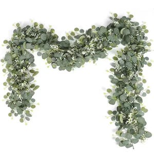 Artificial Eucalyptus Leaves Garland Faux Greenery Vine with White Flowers and Berries for Wedding Home Party Decor