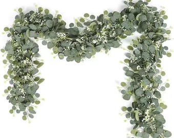 Girlanda ze sztucznych liści eukaliptusa, sztuczne pnącze z zielonymi kwiatami i jagodami, idealne na wesele, imprezę lub przyjęcie.