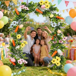 Peut inclure: Une famille prend une photo sous une arche décorative ornée de verdure, de tournesols jaunes, de carottes oranges et d'œufs de Pâques aux couleurs pastel. Des ballons colorés et une fête en plein air complètent la scène.