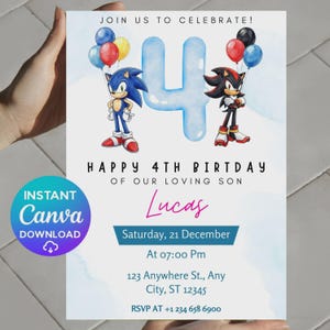 May include: A birthday invitation card featuring Sonic the Hedgehog and Shadow the Hedgehog with colorful balloons and a large blue number 4. The text reads JOIN US TO CELEBRATE! HAPPY 4TH BIRTHDAY OF OUR LOVING SON Lucas Saturday, 21 December at 07:00 Pm.