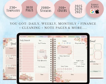 Puede incluir: Paquete de planificador digital con más de 230 plantillas, 1040 páginas, más de 2000 pegatinas y 200 portadas. Incluye páginas diarias, semanales, mensuales, financieras, de limpieza y de notas. Con tema arcoíris y actualizaciones anuales gratuitas.