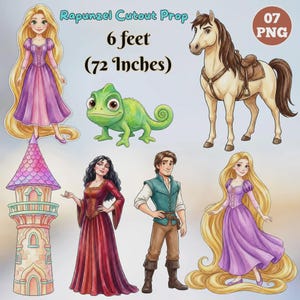 Pode incluir: Uma coleção digital de sete recortes com o tema Rapunzel, incluindo uma personagem de cabelos longos com vestido roxo, um cavalo castanho com sela, um camaleão verde, uma torre de pedra alta, uma mulher de vestido vermelho e um homem.