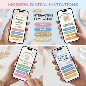 K&ouml;nnte beinhalten: Vier Smartphones, die digitale Einladungsvorlagen anzeigen. Das Telefon oben links zeigt eine Hochzeitseinladung mit den Namen "Amelia & Ben". Andere Telefone zeigen Babyparty- und Geburtstags-Einladungen. Der Text "MODERN DIGITAL INVITATIONS" steht oben.