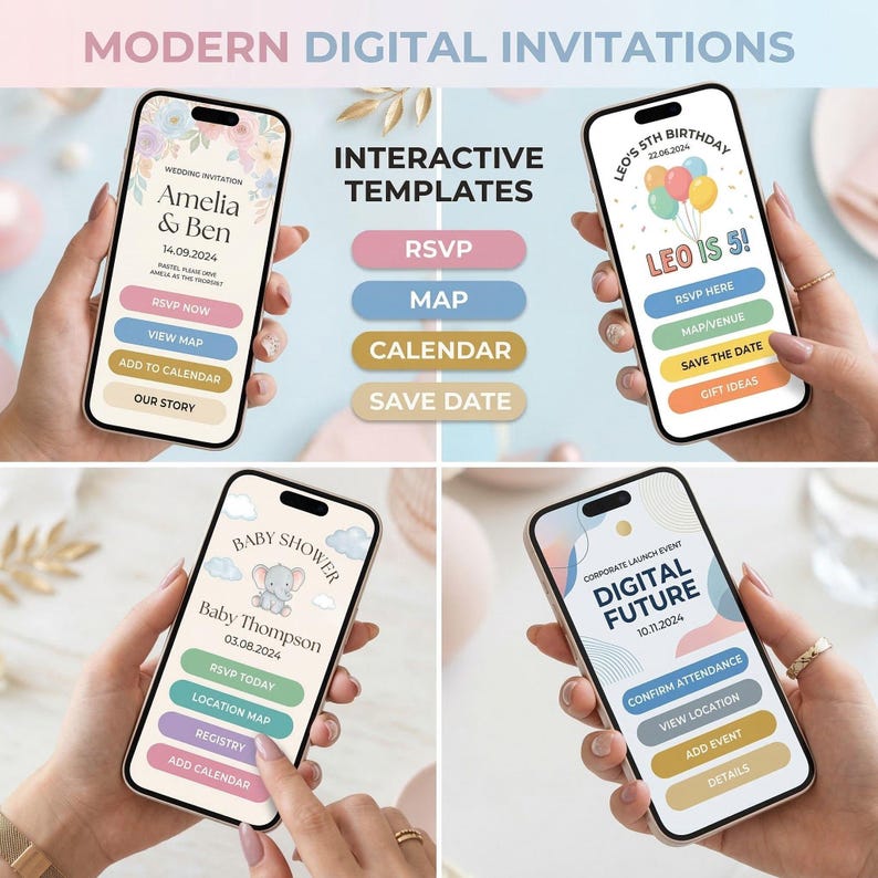 K&ouml;nnte beinhalten: Vier Smartphones, die digitale Einladungsvorlagen anzeigen. Das Telefon oben links zeigt eine Hochzeitseinladung mit den Namen "Amelia & Ben". Andere Telefone zeigen Babyparty- und Geburtstags-Einladungen. Der Text "MODERN DIGITAL INVITATIONS" steht oben.