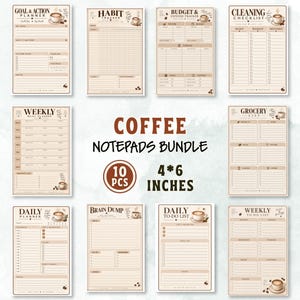 Könnte beinhalten: Ein Bündel aus zehn 4 mal 6 Zoll großen Papier-Notizblöcken mit kaffeebezogenen Designs in Braun- und Cremetönen. Jeder Notizblock enthält spezifische Überschriften wie Goal & Action Planner, Habit Tracker, Budget & Expense Tracker, Cleaning Checklist, Weekly Meal Planner, Grocery List, Daily Planner, Brain Dump, Daily To-Do List und Weekly To-Do List.