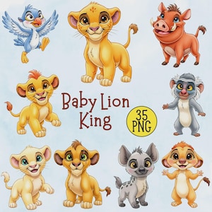 Può includere: Un set di illustrazioni digitali con personaggi dei cartoni animati, tra cui diversi cuccioli di leone, un uccello blu, un facocero, una scimmia e una iena. Il testo Baby Lion King e 35 PNG è visualizzato al centro dei grafici colorati.