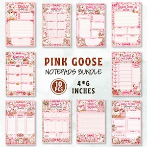 Goose Notepad-paket, Pink Goose-kalender, 10 utskrivbara anteckningsblock, söt kalender 4x6, att-göra-lista, vanelista, målplanerare, digital nedladdning