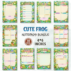 Könnte beinhalten: Ein Set aus zehn 4 mal 6 Zoll großen Notizblöcken mit Frosch-Illustrationen. Jeder Block bietet ein einzigartiges Layout für Aufgaben, darunter eine tägliche To-Do-Liste, einen Wochenplaner, eine Einkaufsliste, einen Essensplaner und einen Budget-Tracker.